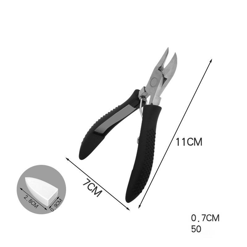 Schwarze diagonale Schneidezange mit den Maßen 11 CM lang, 7 CM breit und eine 0,7 CM Klingengröße mit eingeblendetem Etikett 2,1 CM und 0,9 CM.