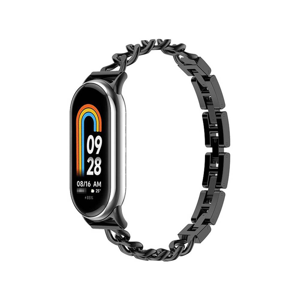 Schwarze Fitness-Smartwatch mit gewebtem Kettenarmband, zeigt 09:28 Uhr, 08/16 und Wetter auf dem Display.