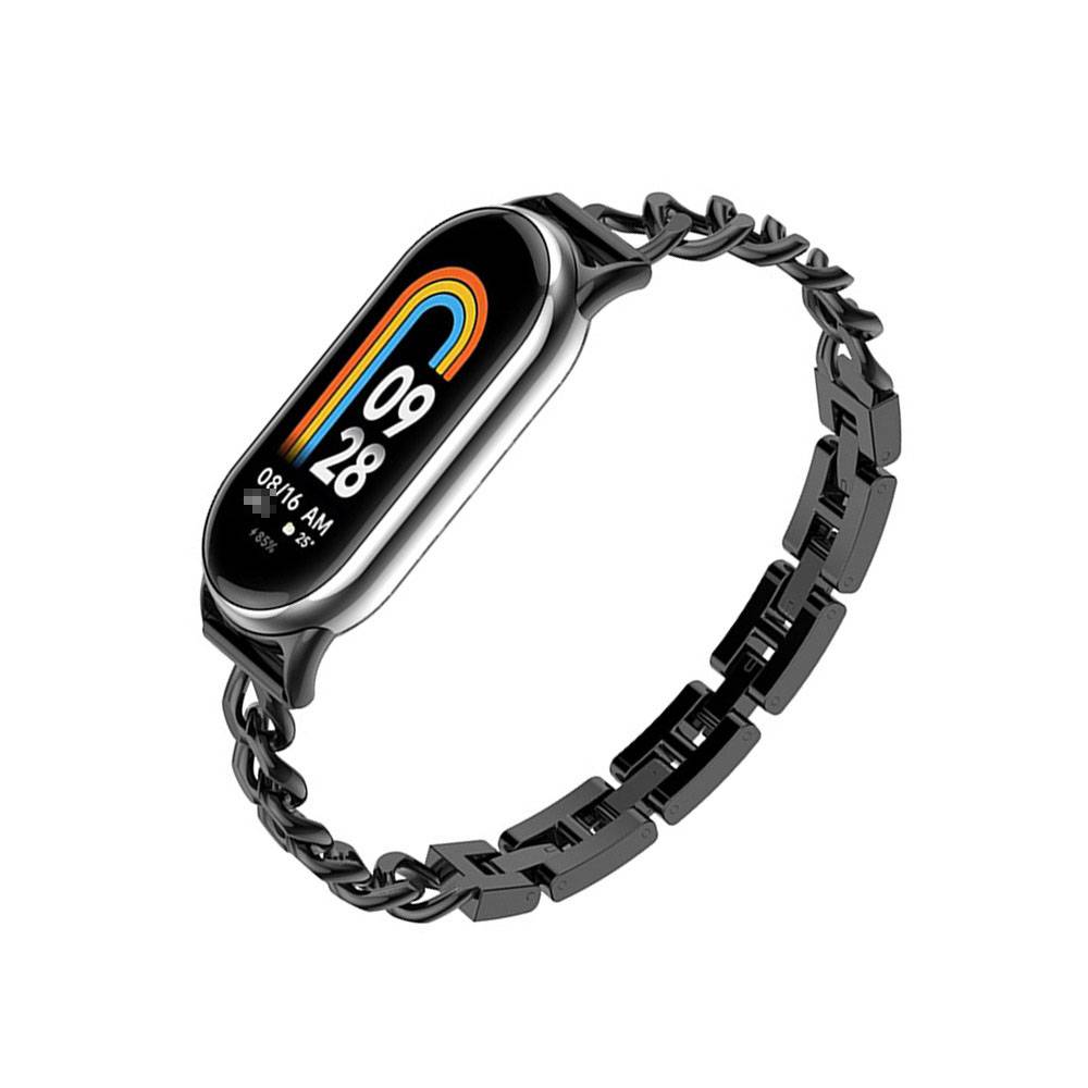 Schwarzer Fitness-Tracker mit ovalem Farbdisplay auf schwarzem Kettenarmband, zeigt die Uhrzeit 09:28 und das Datum 8/16 AM an.