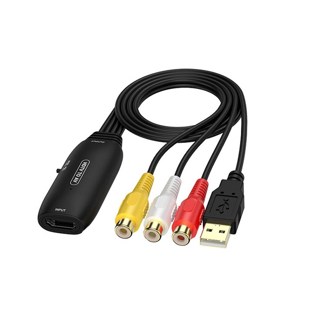 USB-Erfassungsadapter mit HDMI-Eingang und RCA-Audio-/Videobuchsen (gelb, weiß, rot) zum Anschluss analoger Geräte an einen Computer.