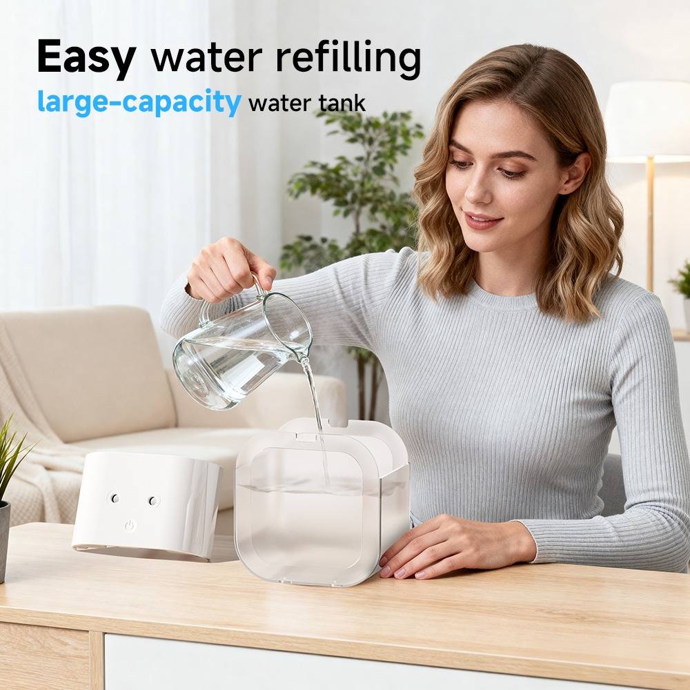 Eine Frau gießt Wasser in einen großvolumigen Wassertank auf einem Tischgerät, mit dem Text „Einfaches Nachfüllen von Wasser