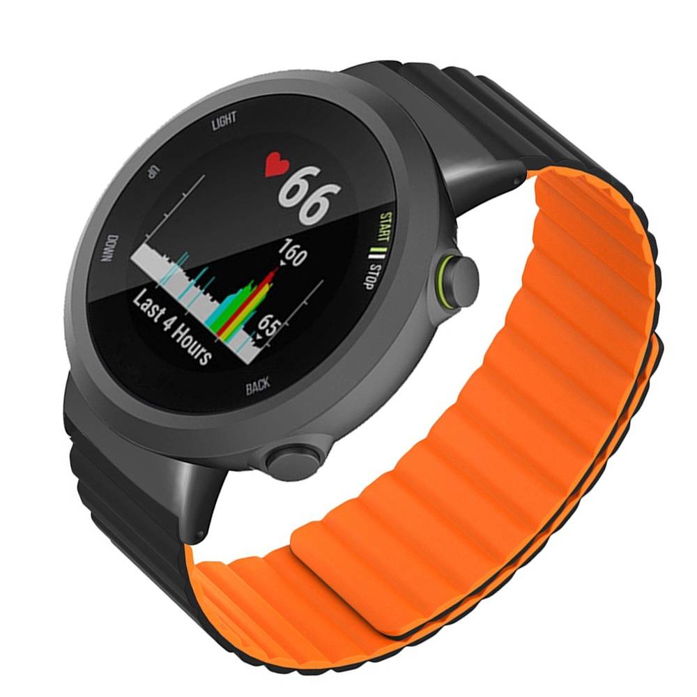 Schwarze Smartwatch mit orangem Armband, das eine Herzfrequenz von 66 und ein Aktivitätsdiagramm der letzten 4 Stunden auf dem Display anzeigt.
