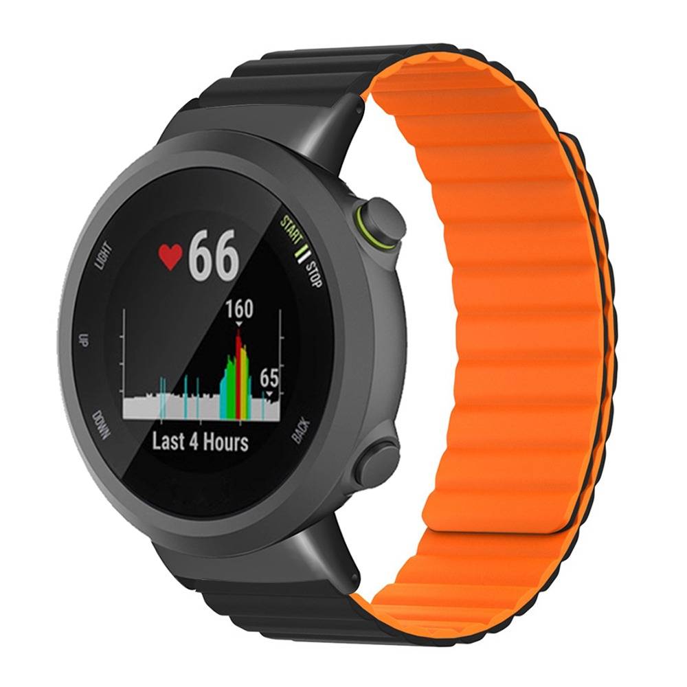 Schwarze Smartwatch mit orangenem Band zeigt Herzfrequenz 66 und ein Aktivitätsdiagramm "Letzte 4 Stunden"" auf dem Bildschirm.