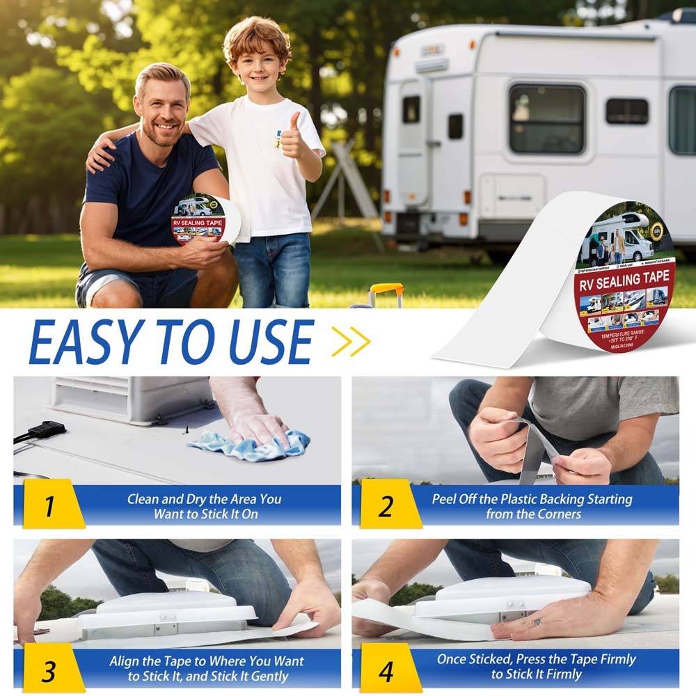 Anleitung für RV-Dichtungsband-Werbung zeigt einen Mann und ein Kind mit einem Wohnmobil, mit der Aufschrift „EINFACH ZU VERWENDEN