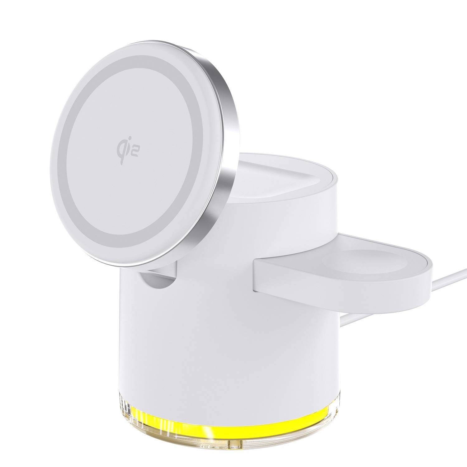 Weißer Qi2-Wireless-Ladestativ mit einer runden magnetischen Auflage und einem seitlichen Arm, dargestellt auf einem neutralen Hintergrund.