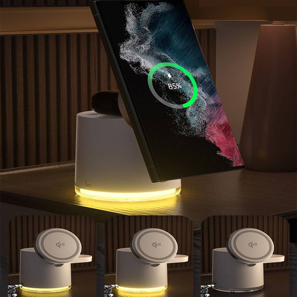 Kabelloses Ladegerät mit einem Telefon, das 85 % Akku anzeigt, von unten beleuchtet und in drei Winkeln auf einem Nachttisch dargestellt.