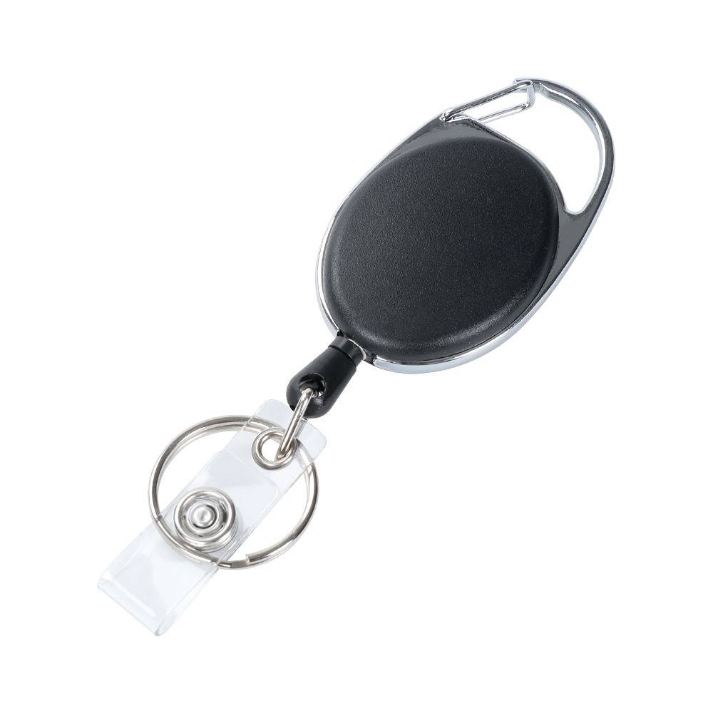 Schwarze ausziehbare Abzeichenrolle mit Metallclip und klarem ID-Band auf weißem Hintergrund.