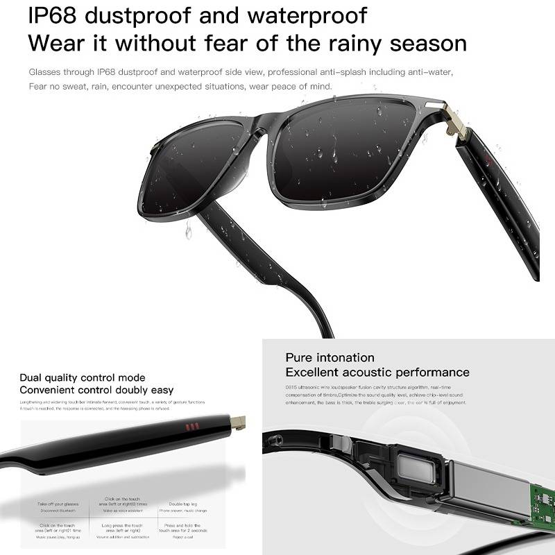 Werbebild von schwarzen Sonnenbrillen mit IP68-Staub- und Wasserfestigkeit, mit Nahaufnahmen zur Hervorhebung des Spritzschutzes und der internen Komponenten.