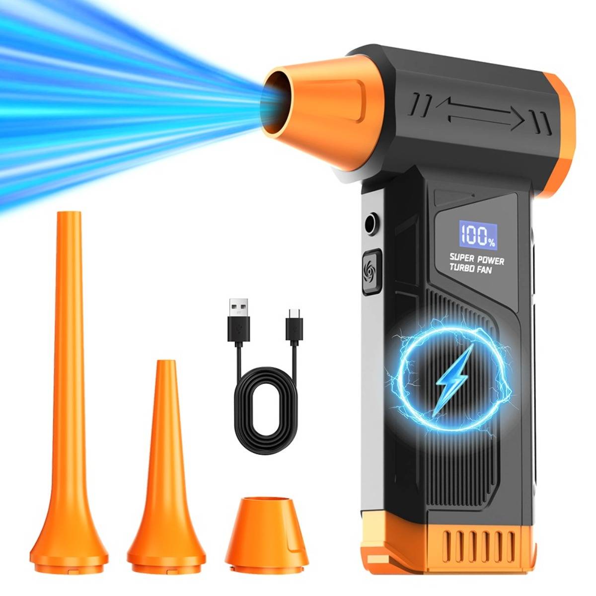 Tragbarer Turbofan mit orangefarbenen Düsen, einem USB-Ladekabel und einer „100%