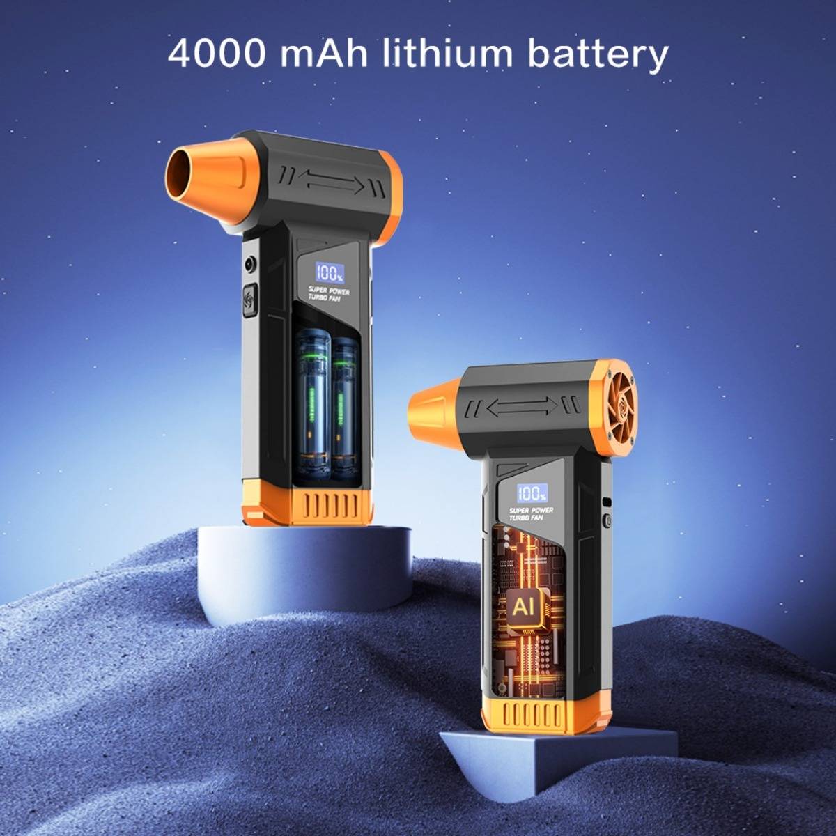 Produktbild von zwei orange-schwarzen tragbaren Haartrockern mit Text „4000-mAh-Lithium-Akku