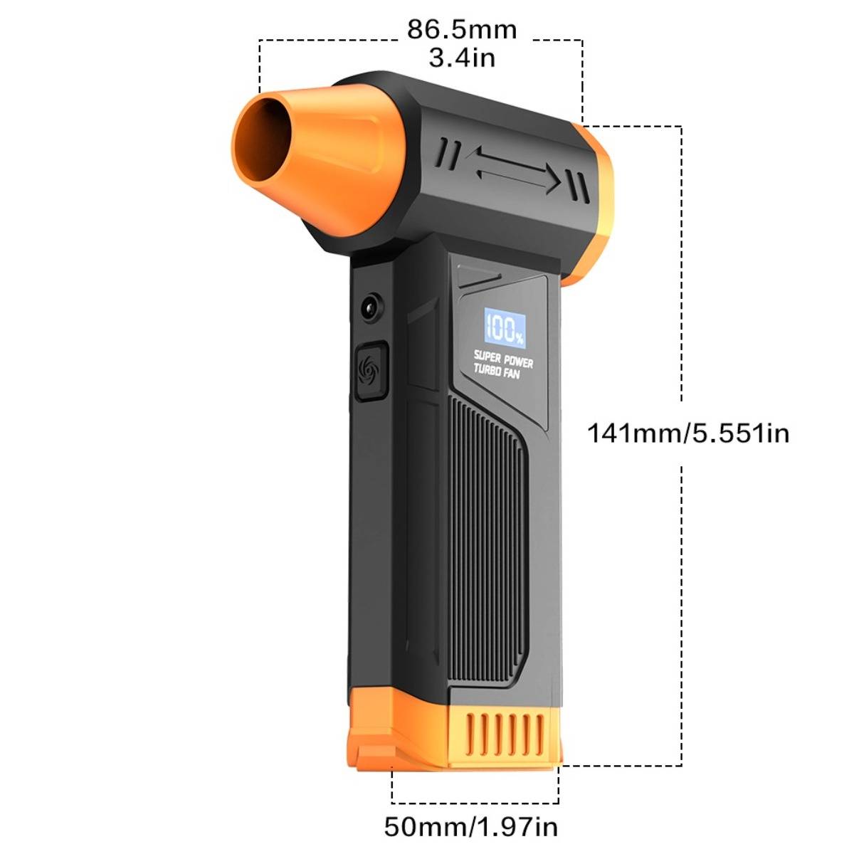 Schwarz-orange tragbarer Luftgebläse/Haartrockner mit Abmessungen: 86,5 mm breit, 141 mm hoch, 50 mm tief.