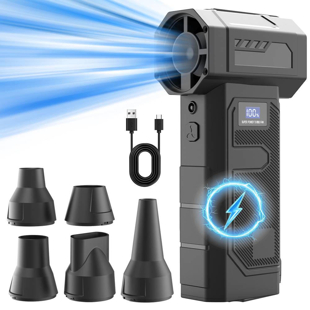 Tragbares elektrisches Handgebläse mit blauem Luftstrom, USB-Ladekabel und fünf Düsenaufsätzen, gezeigt als Produktset.