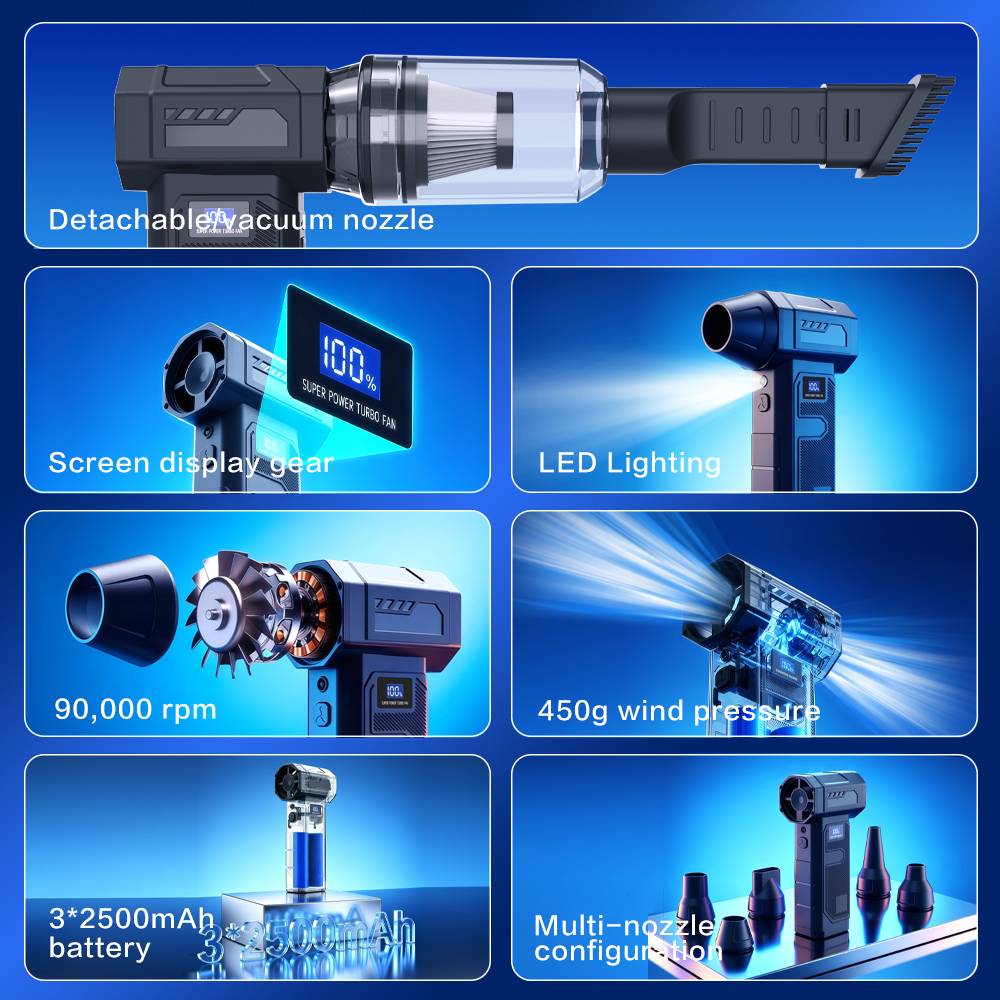 Produktmerkmale-Collage eines kabellosen tragbaren Gebläses mit abnehmbarem Vakuumdüse, digitalem Display, LED-Licht, 90.000 U/min Motor, 450g Winddruck, 3*2500mAh Batterie und mehreren Düsen.