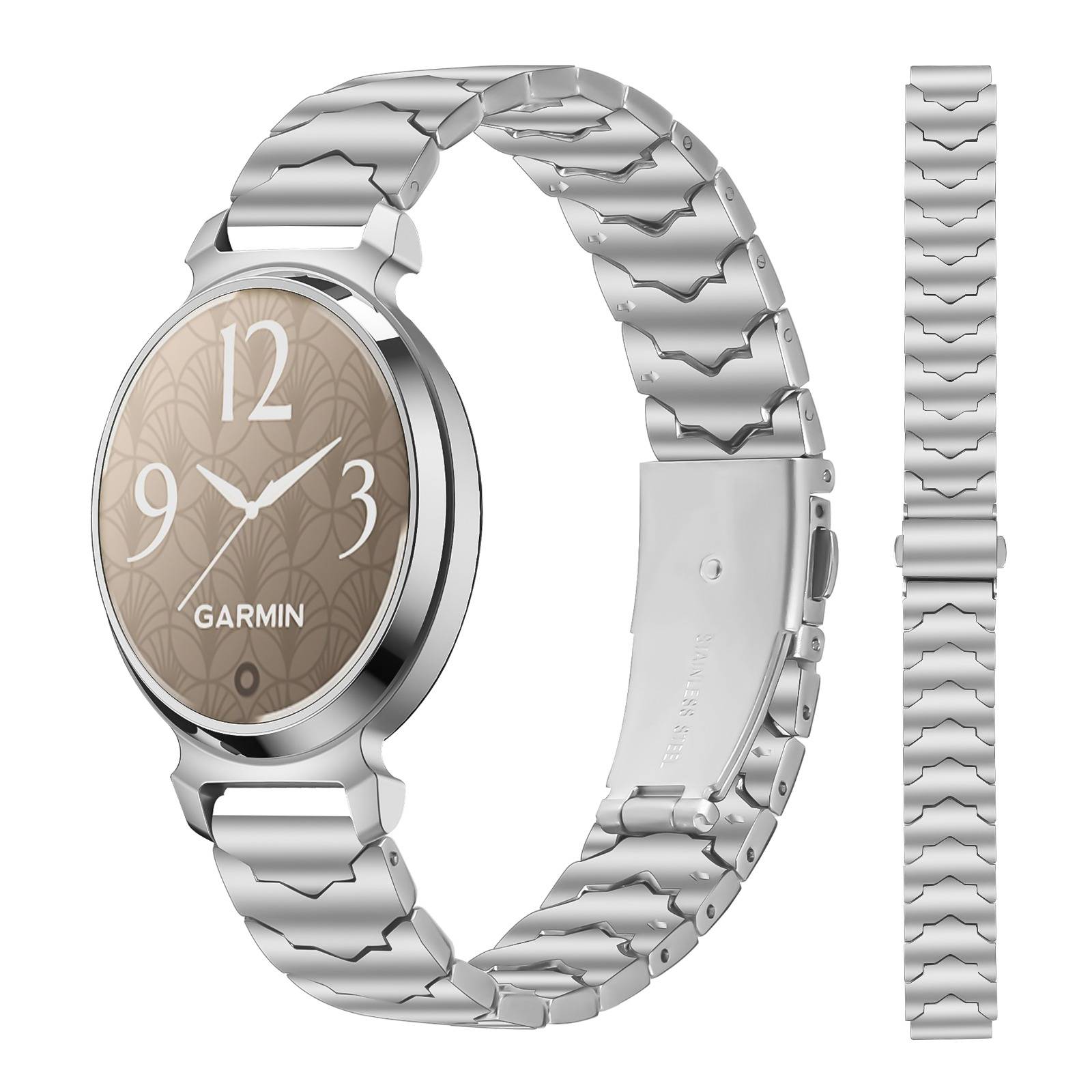 Silberne Garmin-Smartwatch mit rundem Zifferblatt und gemustertem Metallgliedband, gezeigt mit einer Nahaufnahme der Uhr und eines passenden Bandsegments.