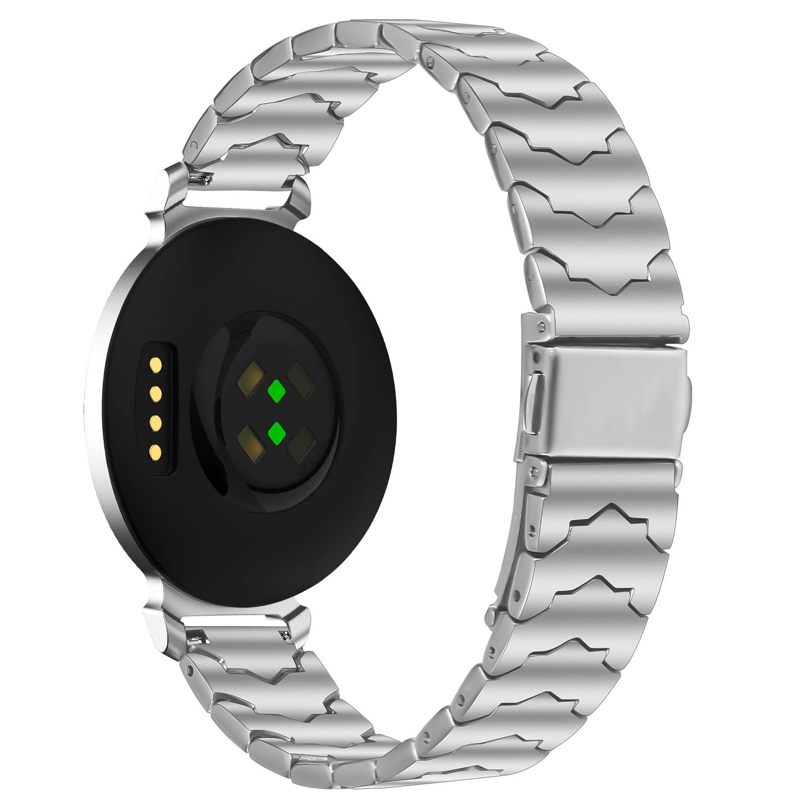 Silberne Smartwatch oder Fitness-Tracker mit rundem Gehäuse und Metall-Gliederkette, von hinten gezeigt mit sichtbarem Herzfrequenzsensor und Ladekontakten.