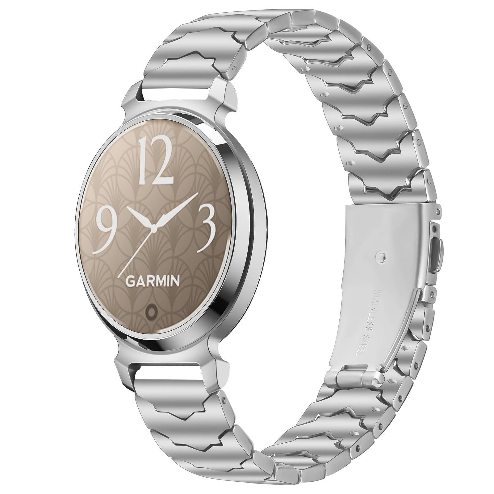 Silberne Garmin-Armbanduhr mit rundem beigefarbenem Analogzifferblatt und gemustertem Metallarmband, in einem Winkel angezeigt, um die Vorderseite und die Schließe zu zeigen.