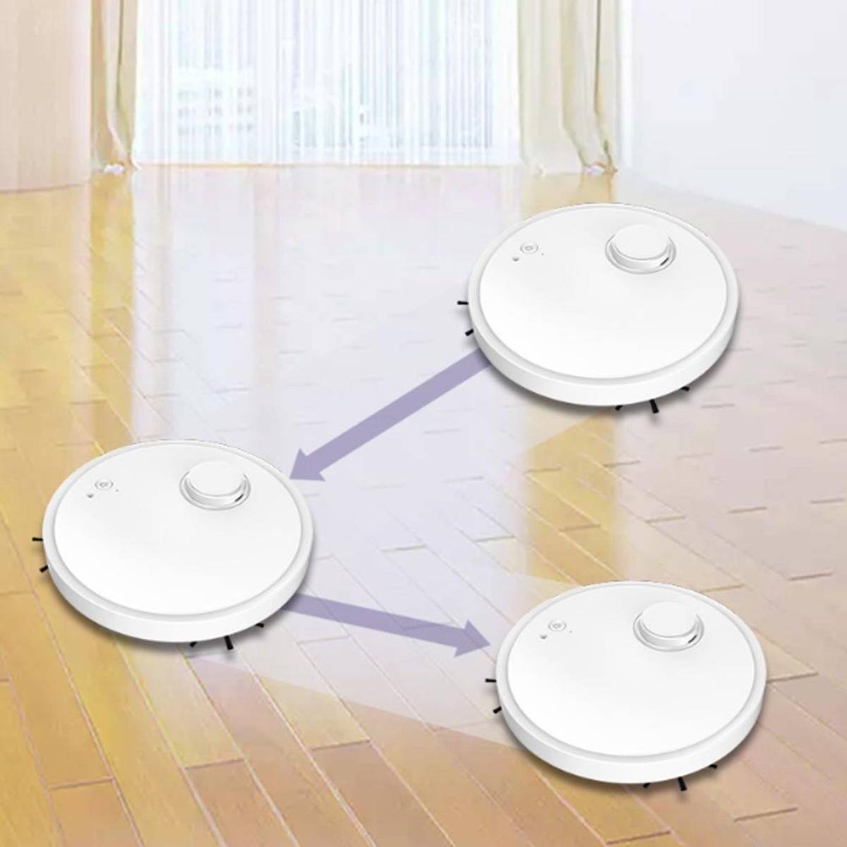Drei weiße Staubsauger-Roboter, die durch Pfeile verbunden sind und eine koordinierte Reinigung oder Bewegung mehrerer Geräte auf einem Holzboden zeigen.