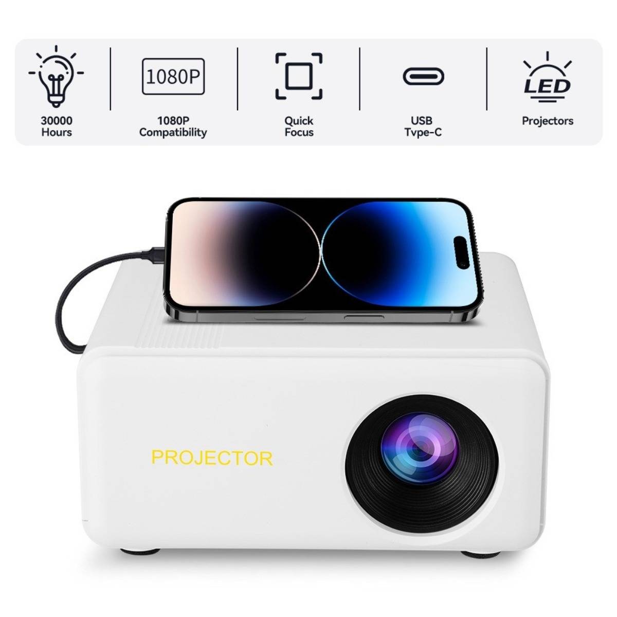 Weißer LED-Projektor mit einem Telefon, das von oben auf ihn projiziert; Funktionssymbole zeigen 30.000 Stunden, 1080P-Kompatibilität, Schnellfokus und USB Typ-C.