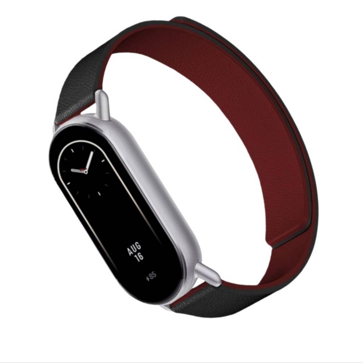 Intelligentes Fitness-Armband mit schwarzem ovalem Display, das eine Uhr und das Datum anzeigt, auf einem rot-schwarzen Armband vor weißem Hintergrund.