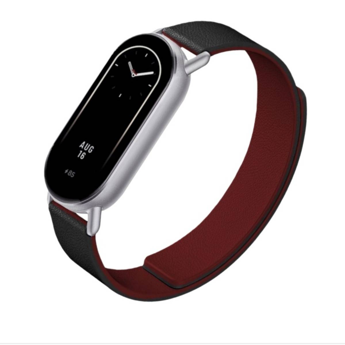 Silberne Smartwatch mit schwarzem ovalem Zifferblatt und rot-schwarzem Armband, das eine analoge Uhr und das Datum "AUG 16"" auf weißem Hintergrund zeigt.
