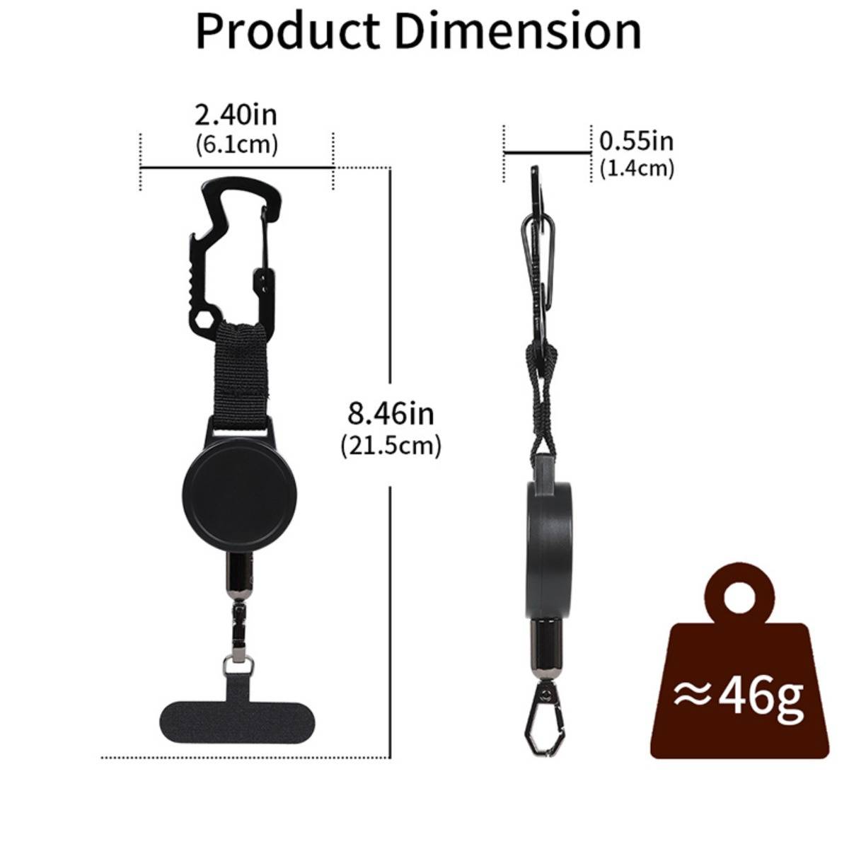 Produktabmessungsdiagramm eines schwarzen einziehbaren Riemenclips: 8,46 Zoll hoch, 2,40 Zoll breit, 0,55 Zoll dick, wiegt etwa 46 g.