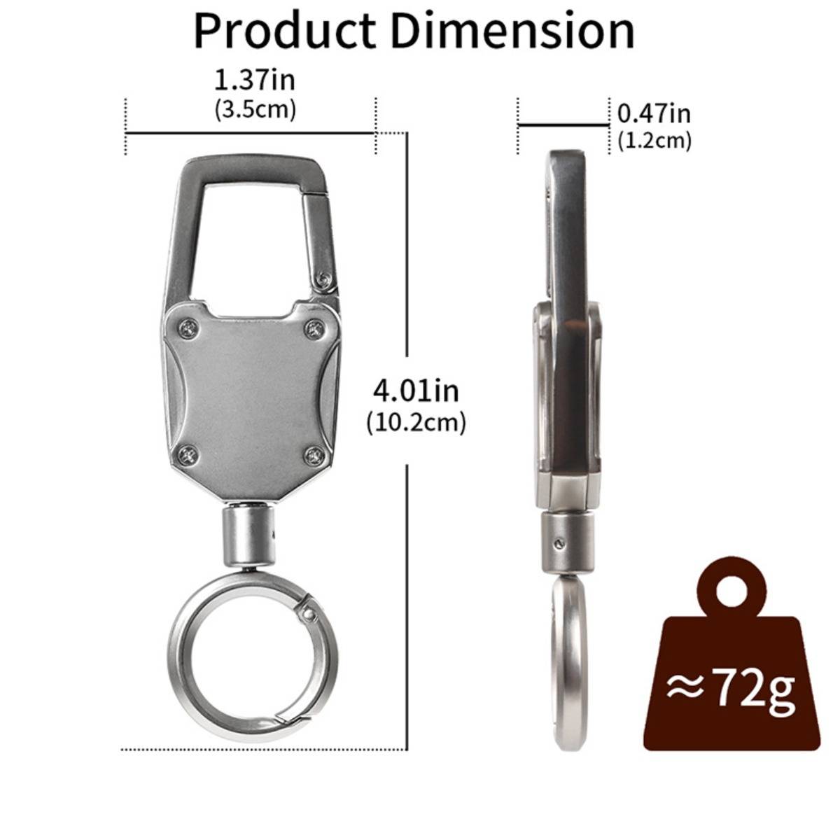 Produktabmessungsdiagramm einer Metallschlüsselbund-Klammer: 10,18 cm hoch, 3,48 cm breit, 1,19 cm dick, Gewicht etwa 72 g.