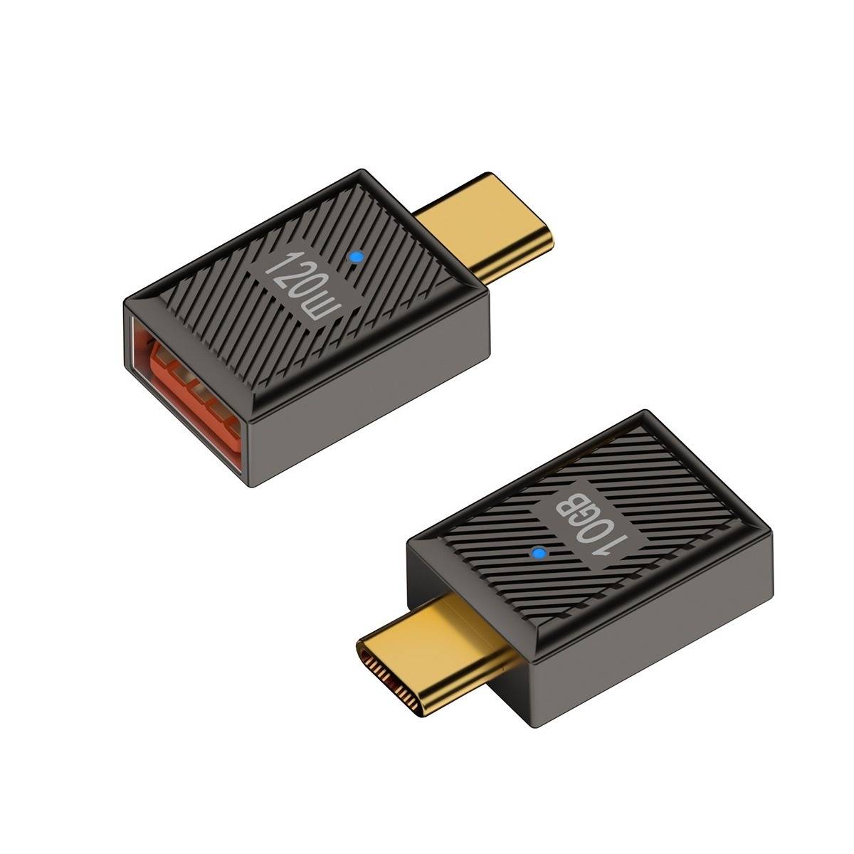 Zwei USB-C-Adapter-Dongles mit vergoldeten Anschlüssen, einer mit der Bezeichnung „120W