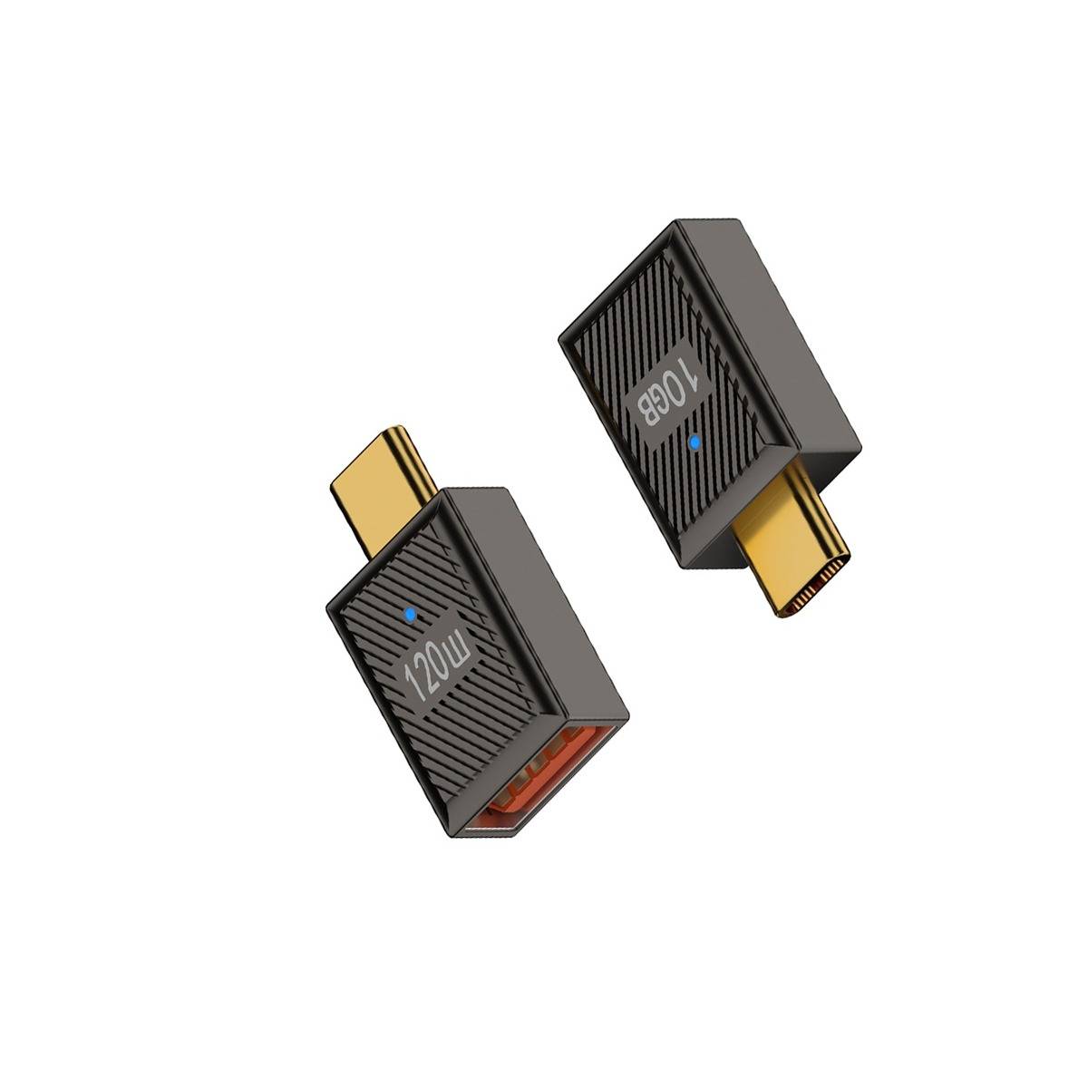 Zwei kleine schwarze USB-C-Adapter auf weißem Hintergrund, gekennzeichnet mit 120W und 180W.