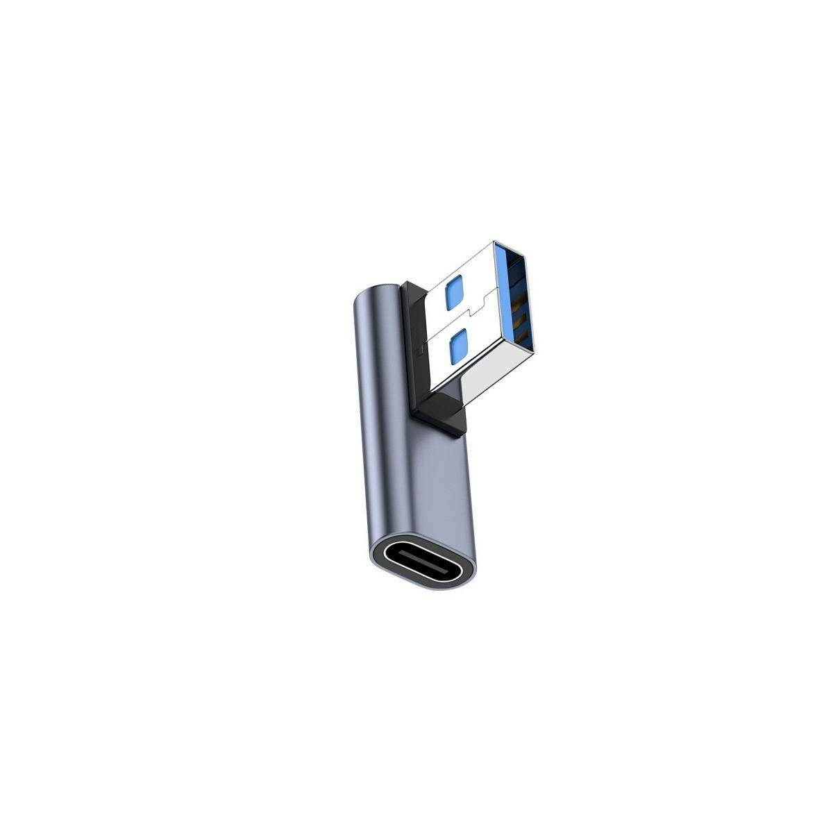 Ein kleiner abgewinkelter USB-Adapter mit USB-A-Stecker oben und USB-C-Anschluss unten, dargestellt auf weißem Hintergrund.