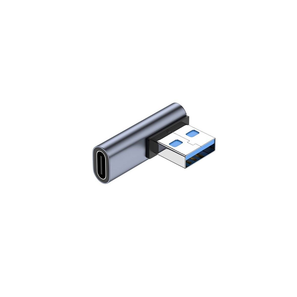 USB-C zu USB-A Adapter mit einem weiblichen USB-C-Anschluss und einem männlichen USB-A-Stecker auf weißem Hintergrund.