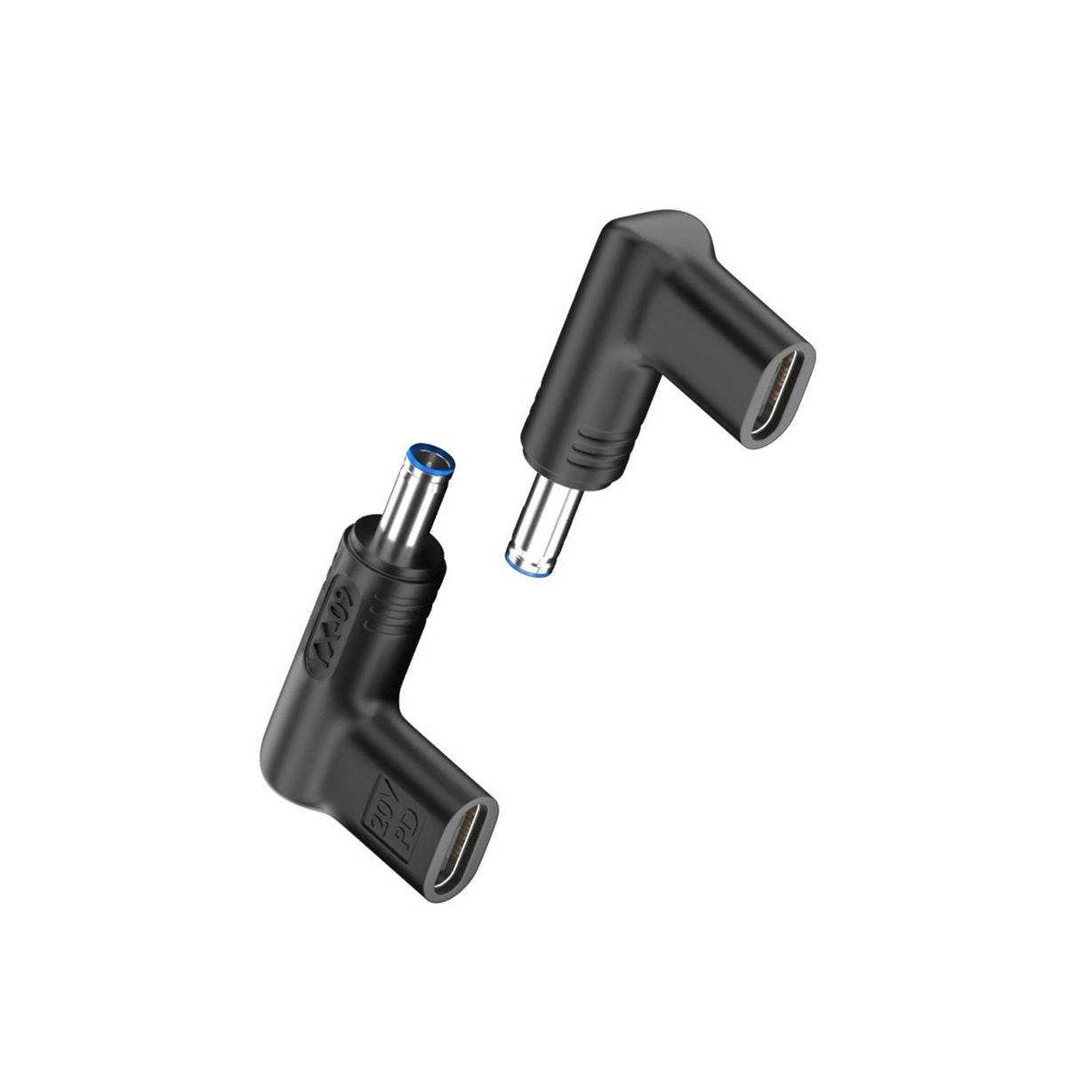 Zwei schwarze Gleichstrom-Steckeradapter mit rechtwinkliger Ausführung, getrennt auf weißem Hintergrund dargestellt, die passende Stecker- und Buchsenenden zeigen.