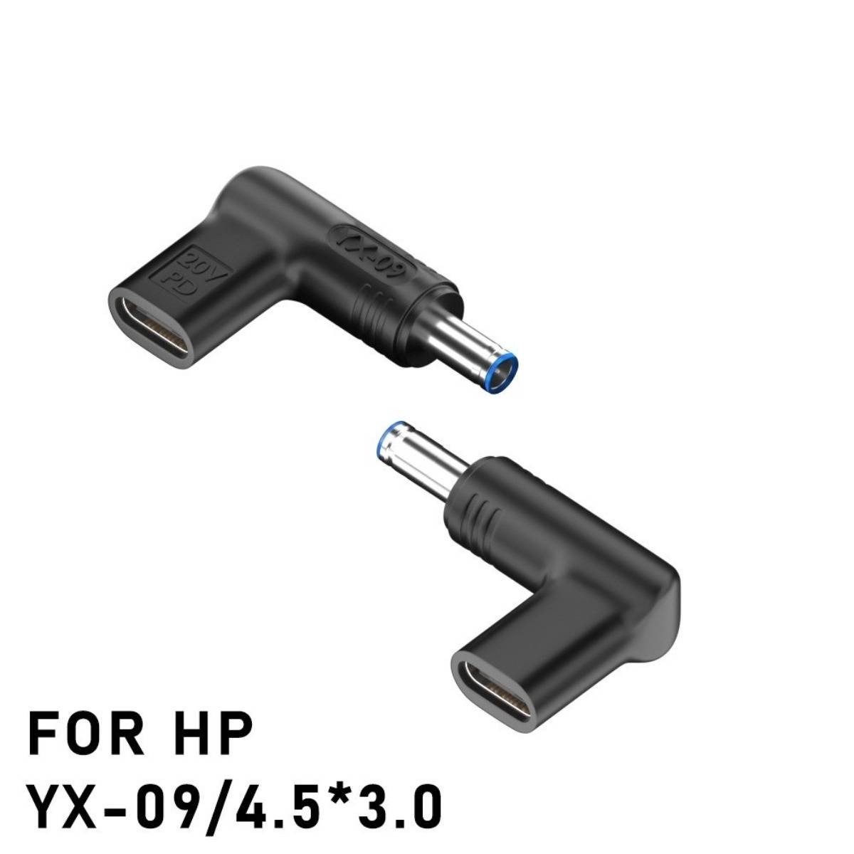 Produktbild von zwei schwarzen rechtwinkligen Laptop-Stromadapter-Steckern mit der Bezeichnung "FOR HP YX-09/4.5*3.0"".