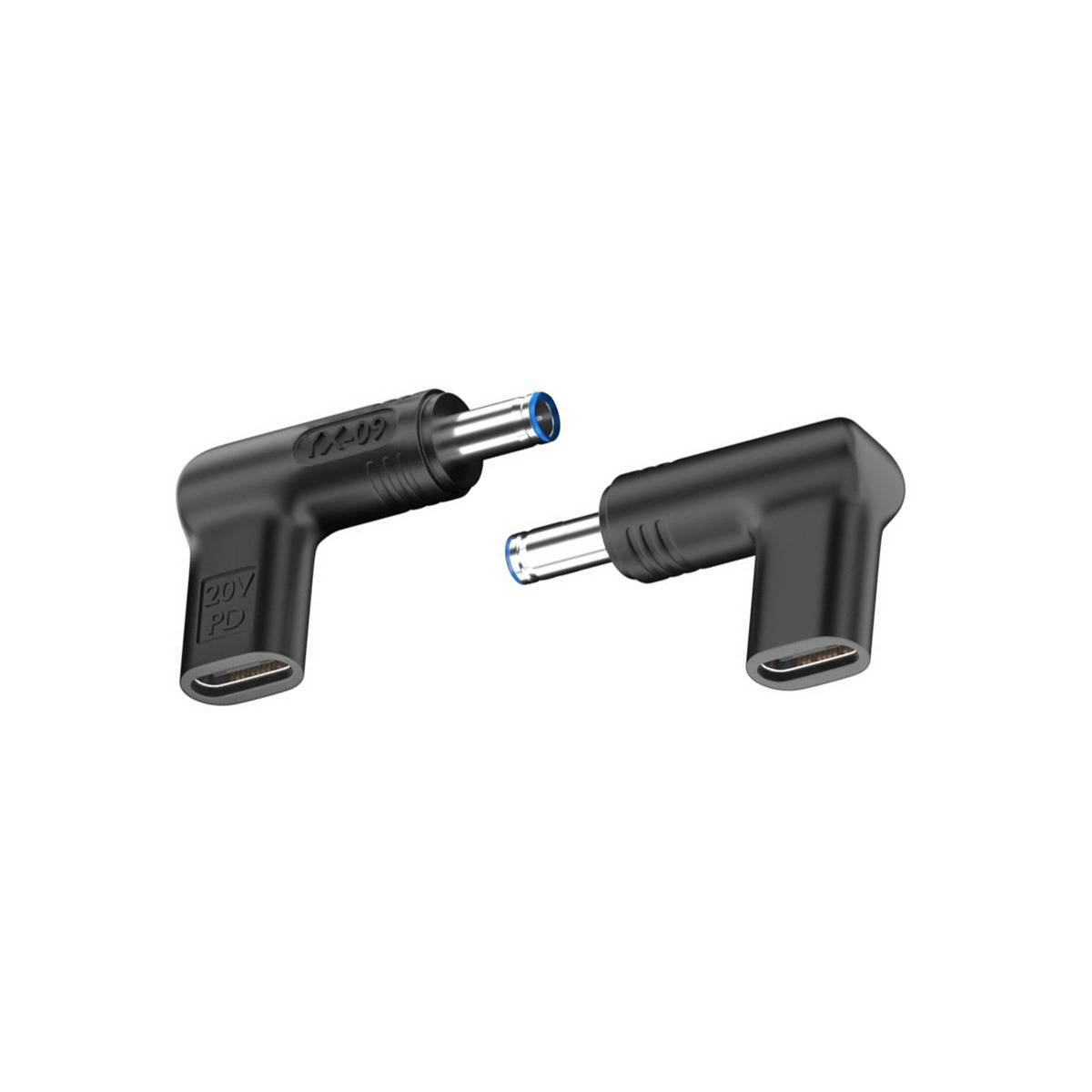 Zwei schwarze rechtwinklige Gleichstrom-Stromstecker mit zylindrischen Metalltipps, gezeigt sich gegenseitig zugewandt auf weißem Hintergrund.