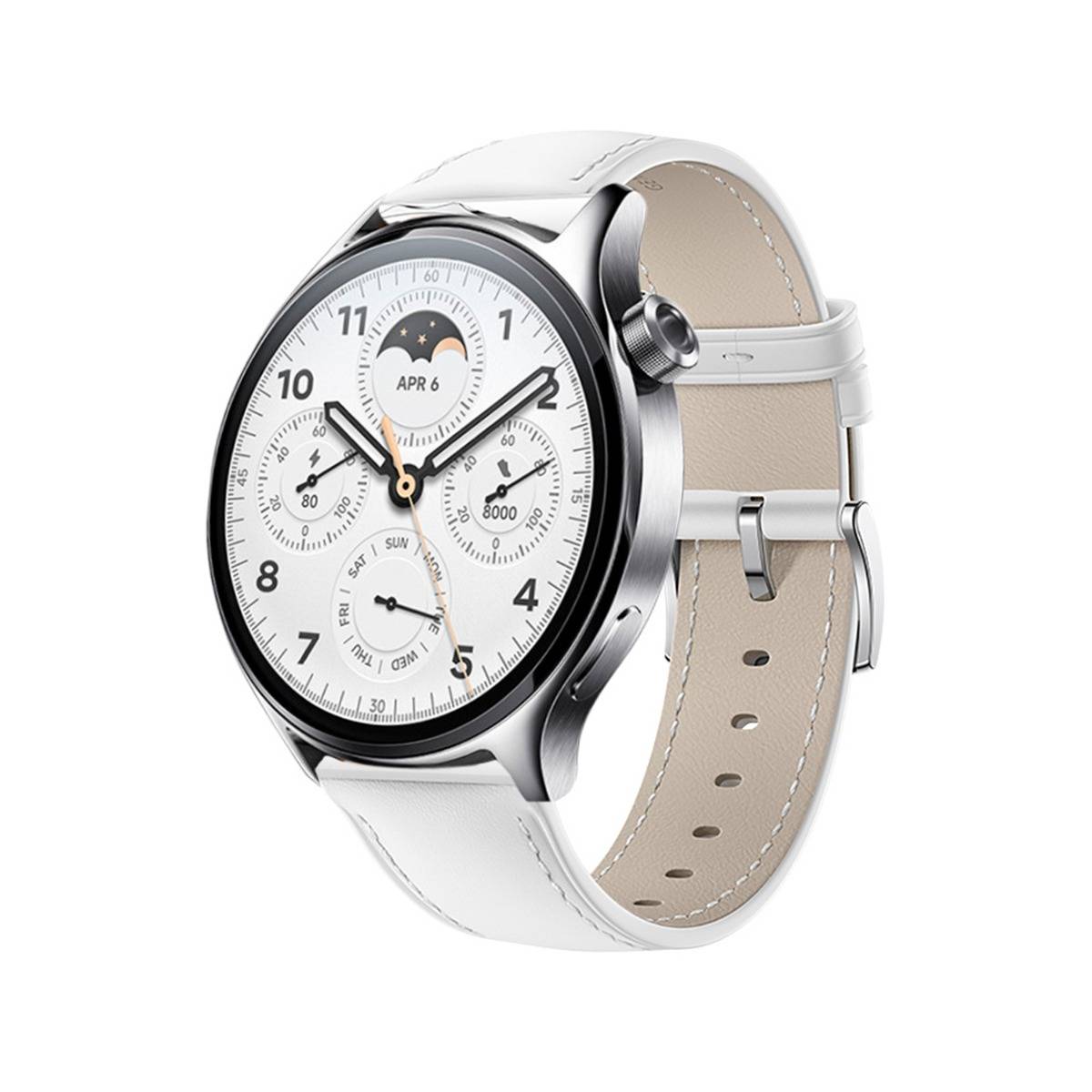 Silberne Smartwatch mit weißem Analogzifferblatt und beige Lederarmband auf weißem Hintergrund.