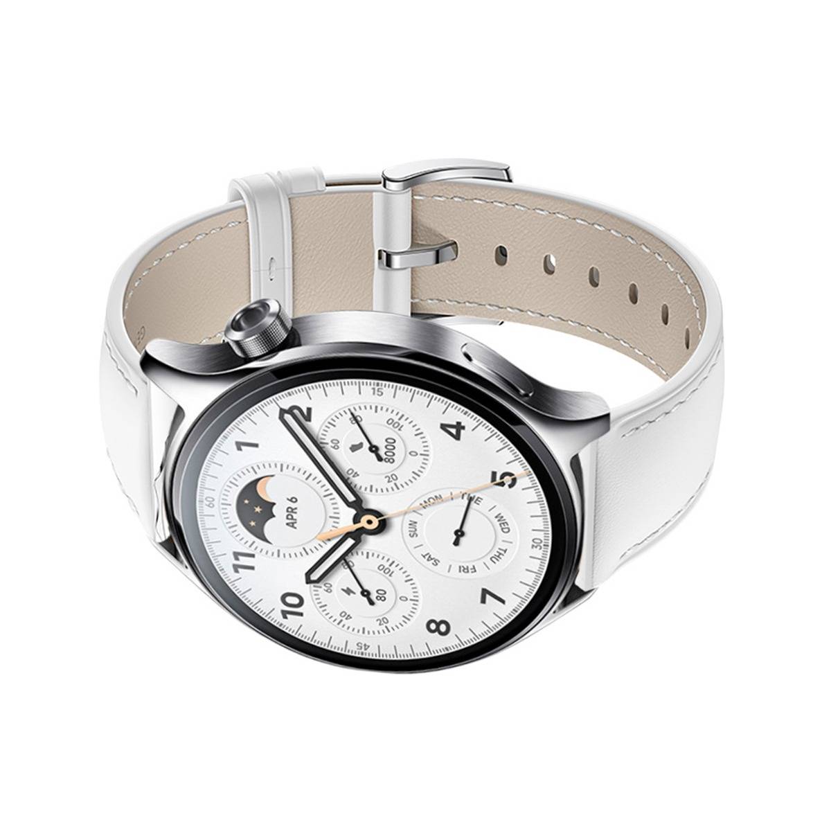 Silberne analoge Armbanduhr mit weißem Zifferblatt, mehreren Unteruhren und beige Lederarmband auf neutralem Hintergrund.
