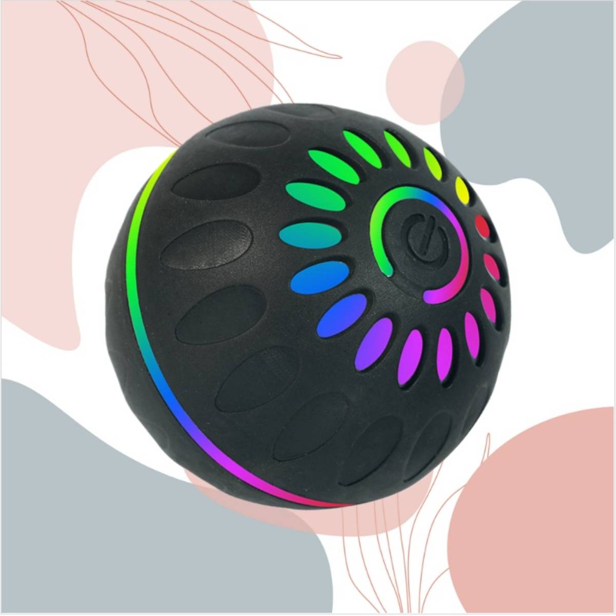 Schwarzes kugelförmiges Stressabbau-Spielzeug mit farbenfrohen Regenbogenrillen und einem zentralen Stromschalter-Symbol, dargestellt auf einem pastellfarbenen abstrakten Hintergrund.