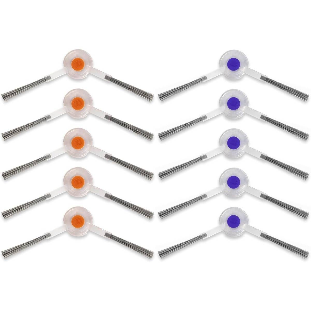 Zwei Spalten mit je fünf kleinen runden Kunststoffverbindern mit angebrachten Metallbügeln, eine Spalte orange gekennzeichnet und die andere violett, auf weißem Hintergrund angeordnet.