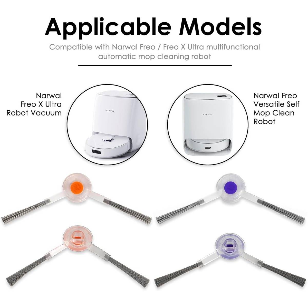 Kompatibilitätsdiagramm für Narwal Freo Roboter-Wischgeräte, das zwei unterstützte Modelle und vier austauschbare Seitenbürsten in verschiedenen Farben zeigt.