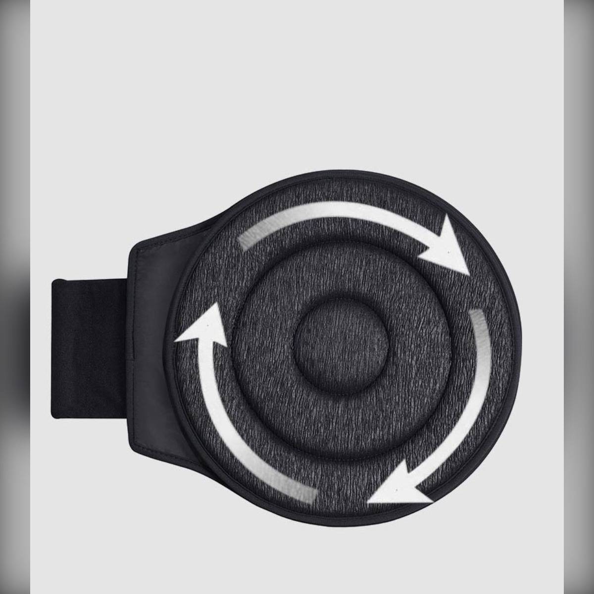 Schwarzes kreisförmiges Pad mit drei weißen gekrümmten Pfeilen, die Rotation oder Kreisbewegung andeuten, befestigt an einem schwarzen Riemen auf hellem Hintergrund.