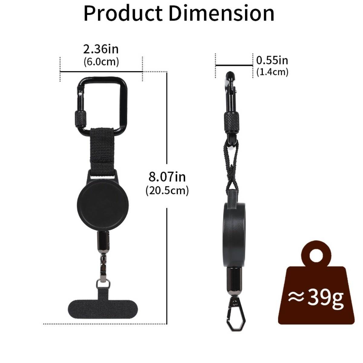 Produktmaßstab-Diagramm einer schwarzen einziehbaren Ausweisrolle mit Riemen und Clip, dargestellt in Front- und Seitenansicht, mit einer Höhe von 8,07 Zoll, einer Breite von 2,36 Zoll und einer Tiefe von 0,55 Zoll, Gewicht ca. 39 g.