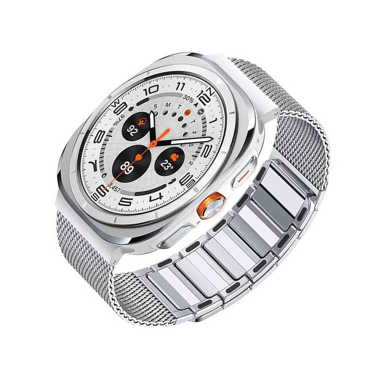 Silberne analoge Armbanduhr mit Meshband, zeigt Chronograph-ähnliche Unterblätter und orange Akzente auf weißem Hintergrund.