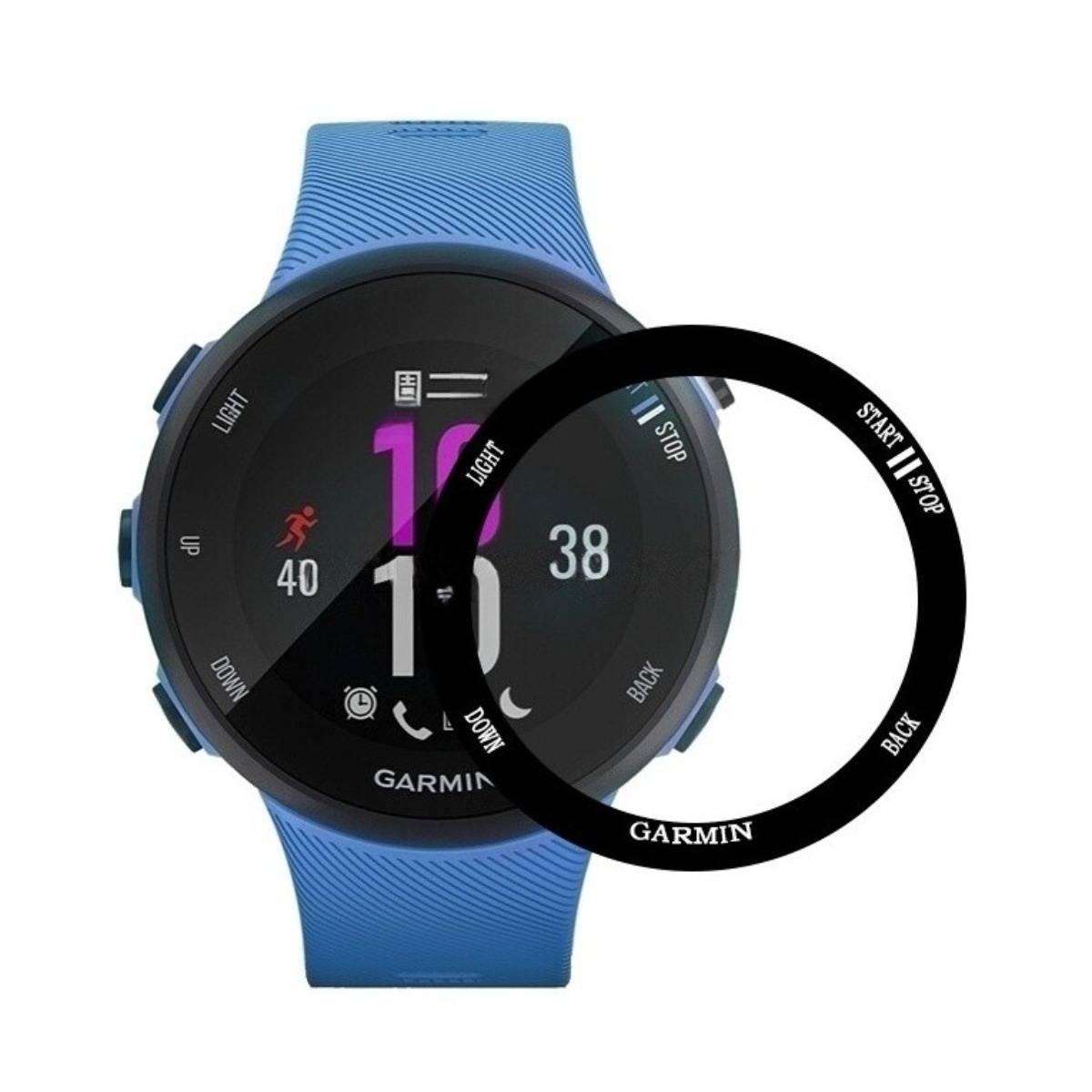 Blaue Garmin-Smartwatch mit schwarzer Schutzlünette, die das Zifferblatt und die Beschriftungen der Tasten rund um das Display zeigt.