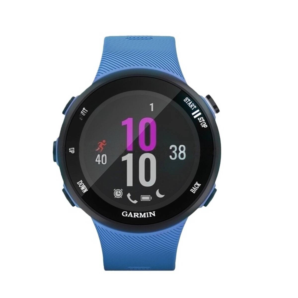 Blaue Garmin-Smartwatch mit rundem digitalem Display, das 10:10 anzeigt, und Fitness-Symbolen auf weißem Hintergrund.