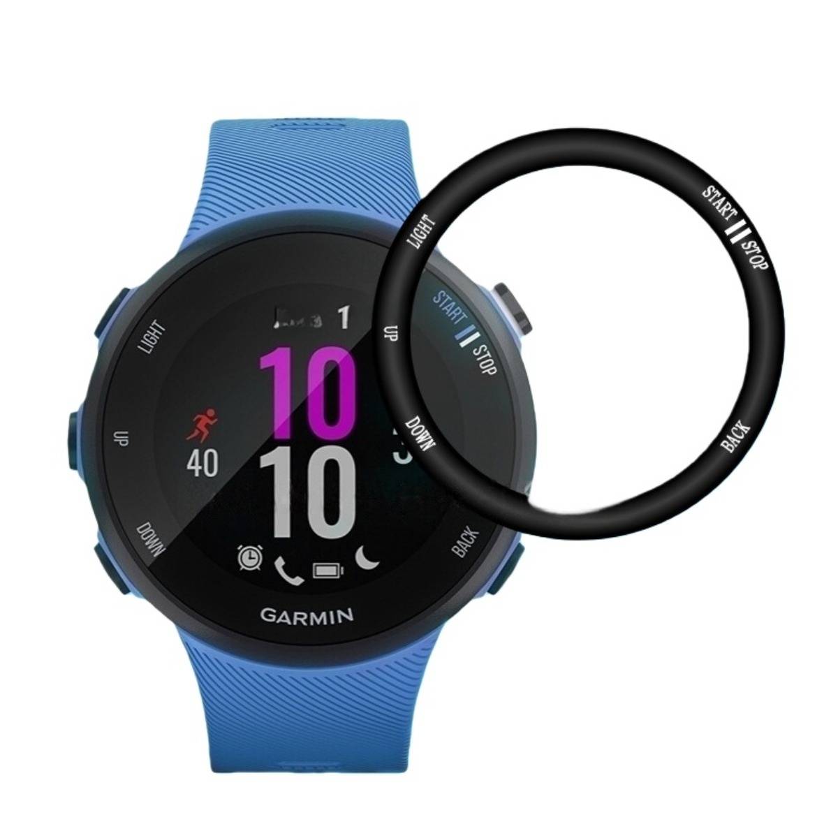 Blaue Garmin-Smartwatch mit schwarzem rundem Display und schwarzem Ersatz-Bezelsring daneben dargestellt, mit Beschriftung "START/STOP"", ""BACK"", ""UP"", ""DOWN"" und ""LIGHT"
