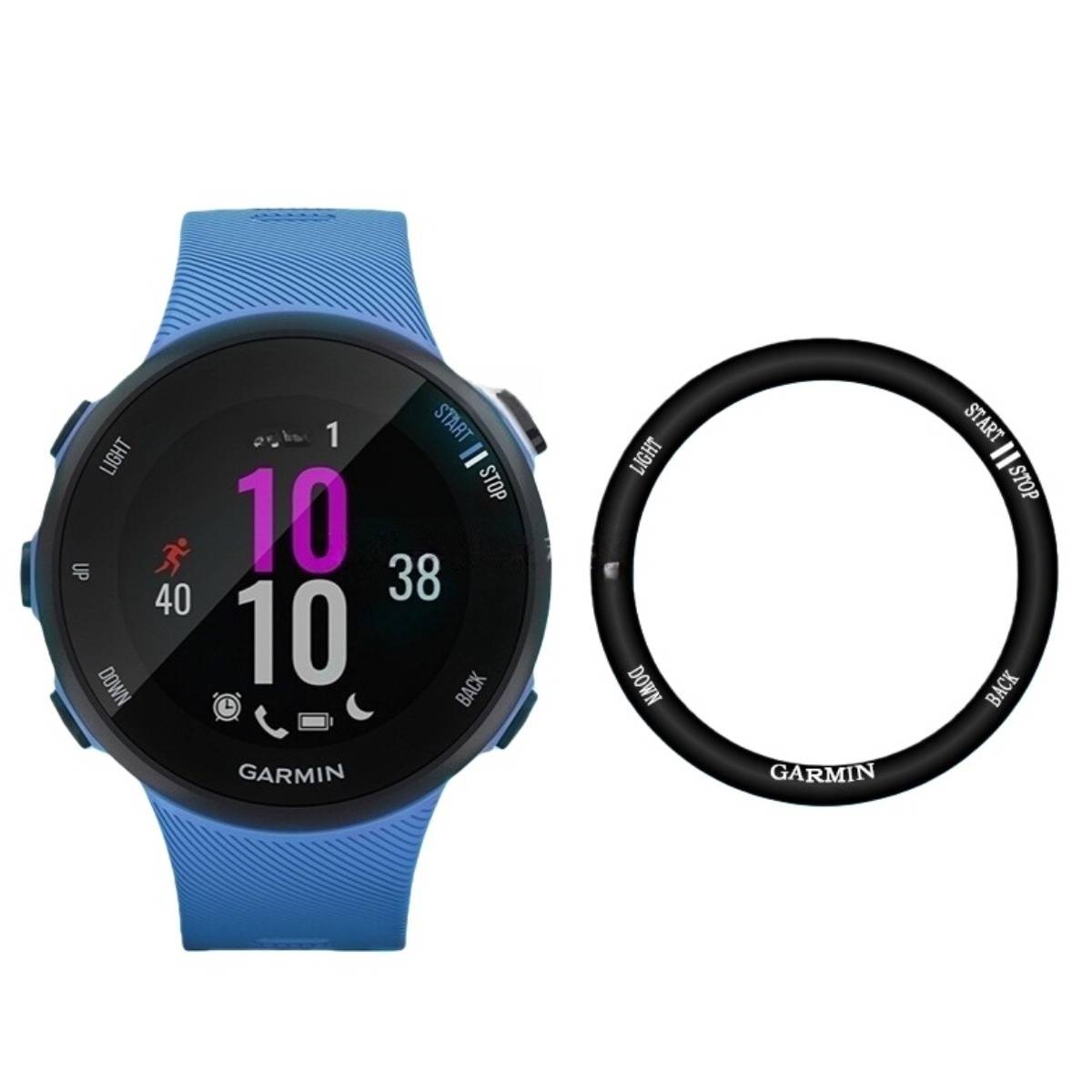Blaue Garmin-Smartwatch mit rundem digitalen Display und blauem Armband, gezeigt neben einem schwarzen Lünetten-Ring mit beschrifteten Tastenpositionen.