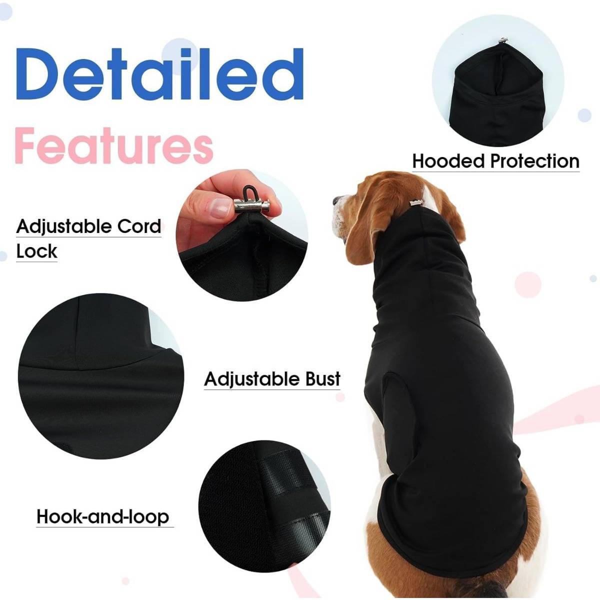Infografik eines schwarzen Hundemantels mit Kapuze, die detaillierte Merkmale zeigt: verstellbarer Kordelzug, verstellbare Brustweite und Klettverschluss.