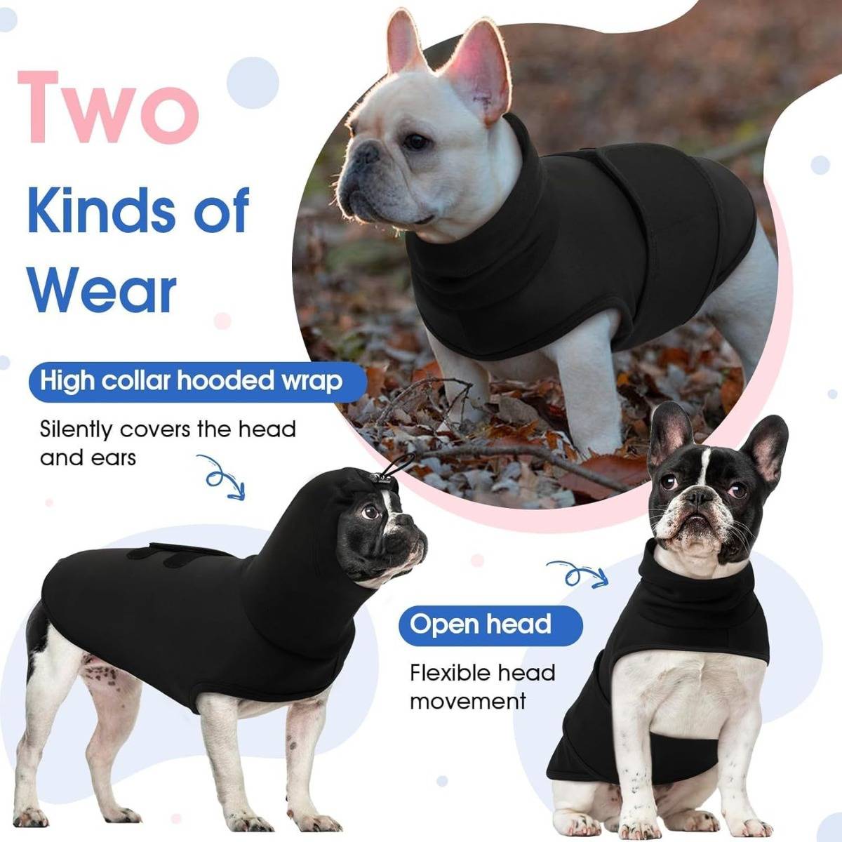 Infografik zum Vergleich zweier Hundekleidungsstile: „Hochgeschlossener Kapuzenpullover" bedeckt Kopf und Ohren, während „Offener Kopf"" den Kopf für Bewegungsfreiheit freílässt.