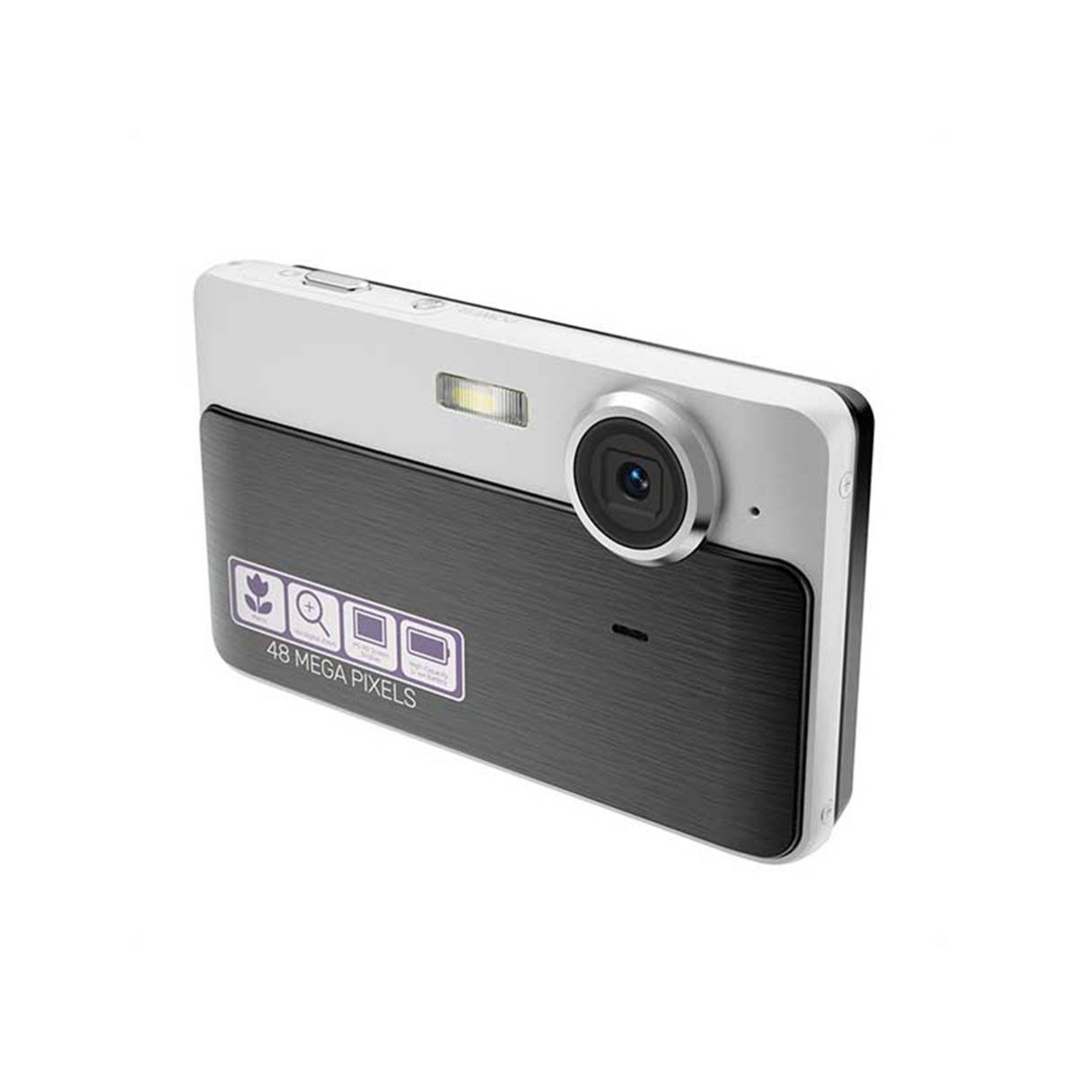 Kompakte Digitalkamera mit silbernem und schwarzem Gehäuse, prominentem Objektiv, Blitz und „48 MEGAPIXEL