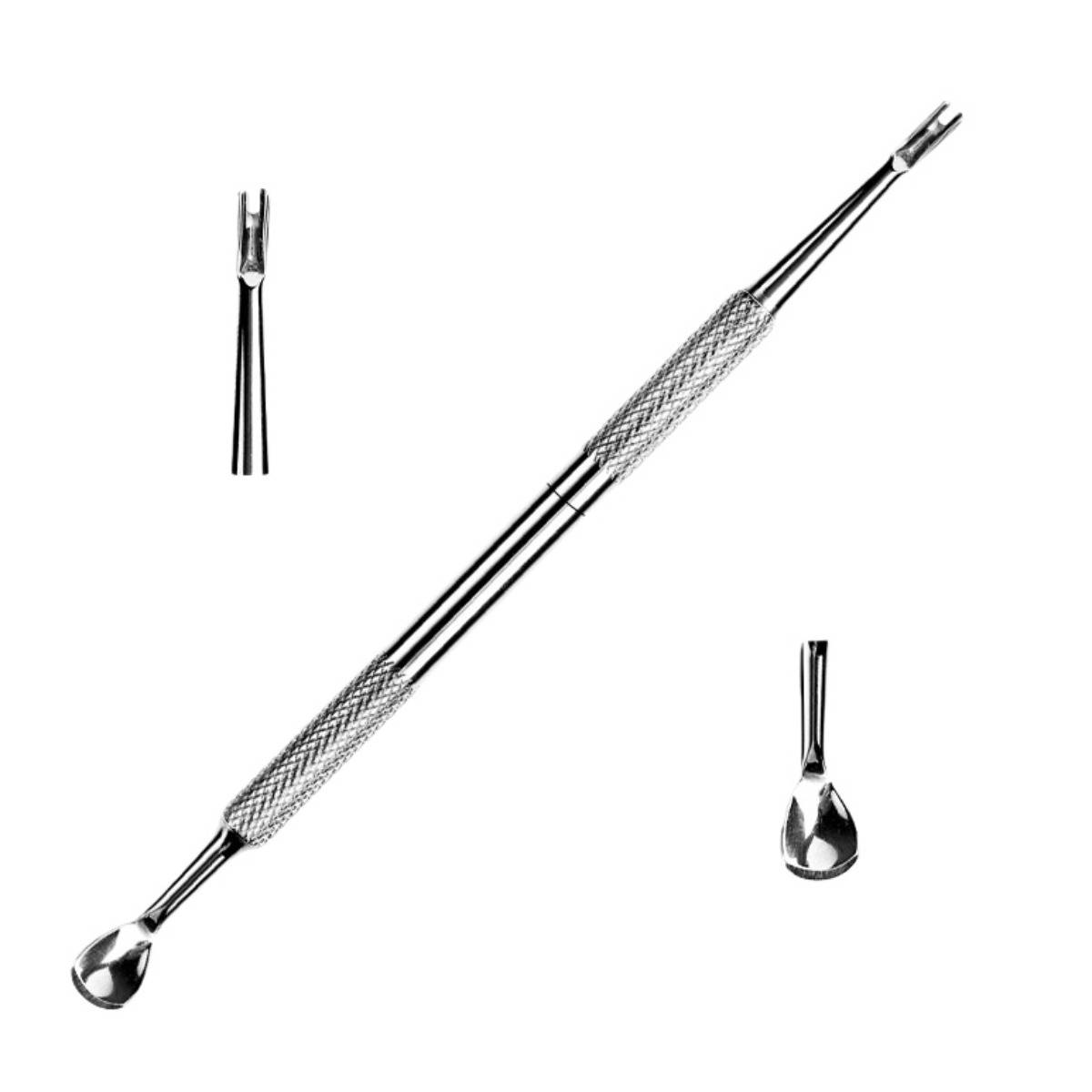 Metallisches Zahnbehandlungsinstrument mit langem beidseitig nutzbarem Griff und löffelartigen Spitzen, dargestellt mit zwei kleinen Detailansichten jedes Endes auf weißem Hintergrund.