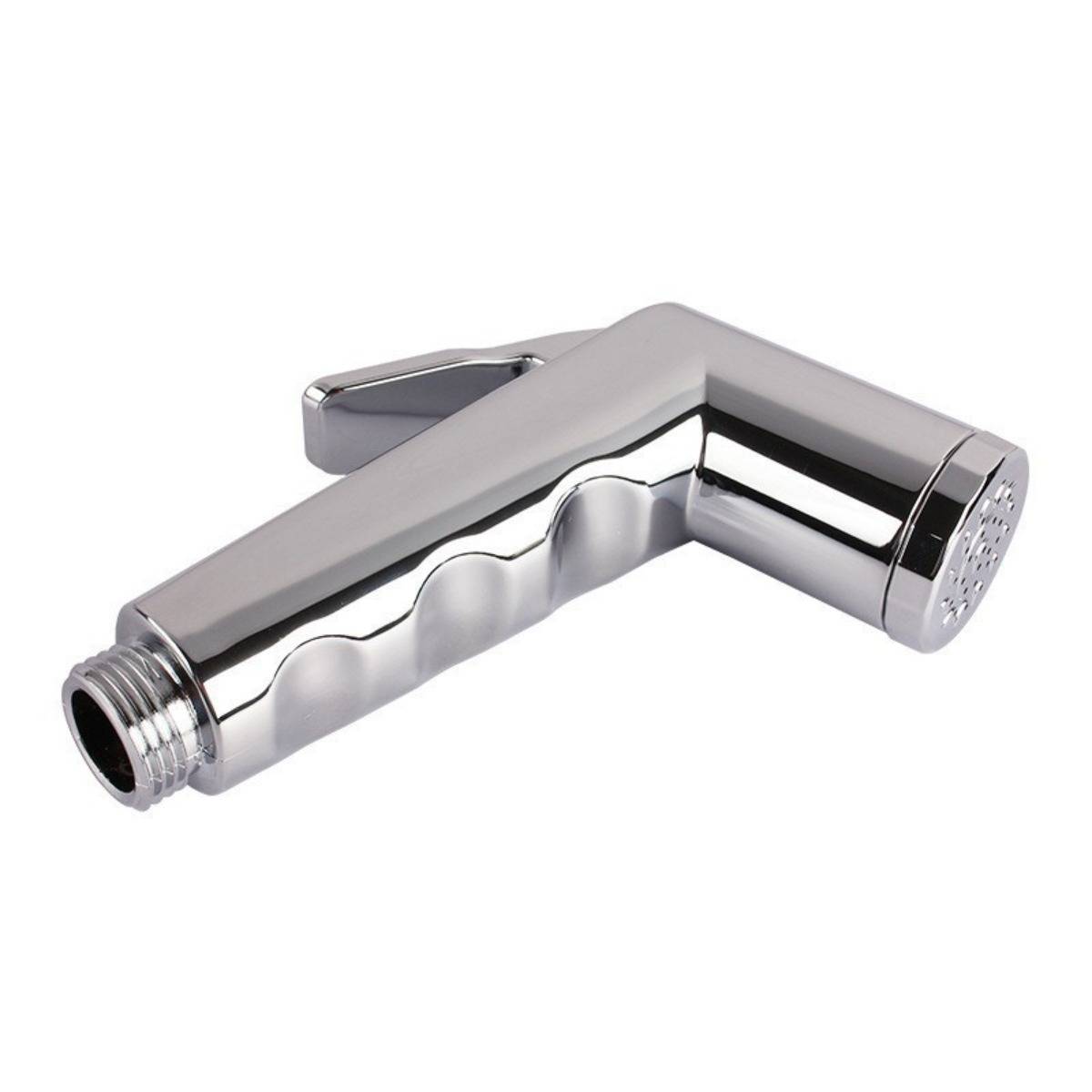 Chrome-Handbidet-Sprayer mit Auslösehandgriff, Gewinde-Schlauchverbinder und Sprühdüse auf weißem Hintergrund.